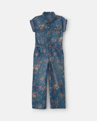 Girls Floral Denim Short-Sleeve Jumpsuit - Dark Wash