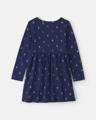Girls Floral Long-Sleeve Dress - Navy Blue