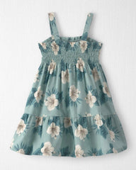 Toddler Girl Smocked Linen Dress Made with Organic Cotton in Blue Hibiscus