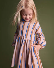 Toddler Girl Balloon-Sleeve Dress in Stripes - Pink/Brown/Blue