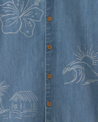 Boys Tropical Denim Short-Sleeve Button-Down Shirt - Medium Wash