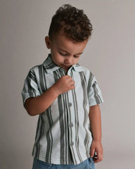 Toddler Boy Button-Down Short-Sleeve Shirt in Stripes - Light Blue/Sage