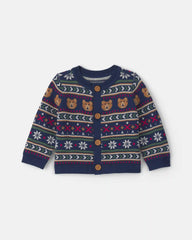 Baby Neutral Bear Fair Isle Cardigan Sweater - Navy Blue