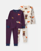 Toddler Boy 4-Piece Dog Striped 100% Cotton Snug Fit Pajama Set - Burgundy/Cream