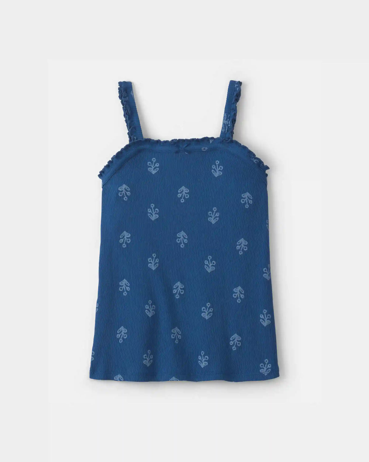 Girls Floral Ribbed Ruffle Tank - Navy