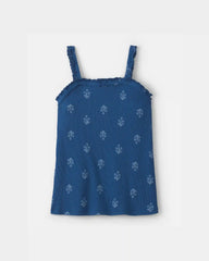 Girls Floral Ribbed Ruffle Tank - Navy