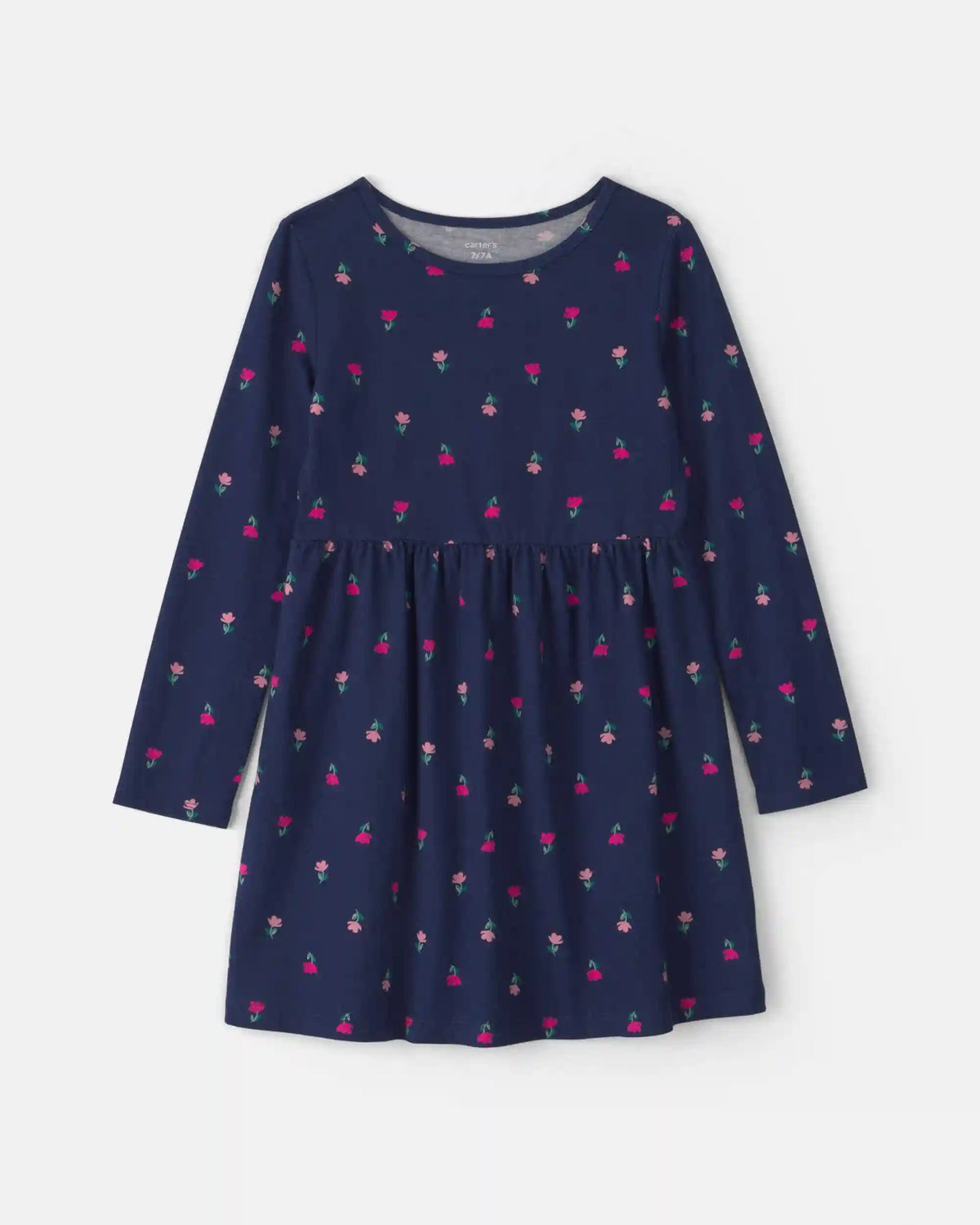 Girls Floral Long-Sleeve Dress - Navy Blue