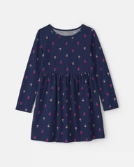 Girls Floral Long-Sleeve Dress - Navy Blue