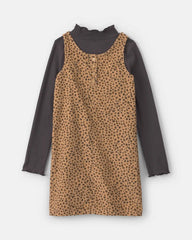 Girls 2-Piece Leopard Corduroy Long-Sleeve Dress Set - Brown/Black