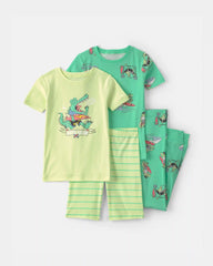 Boys Alligator Surfing 100% Cotton 4-Piece Pajama Set - Green