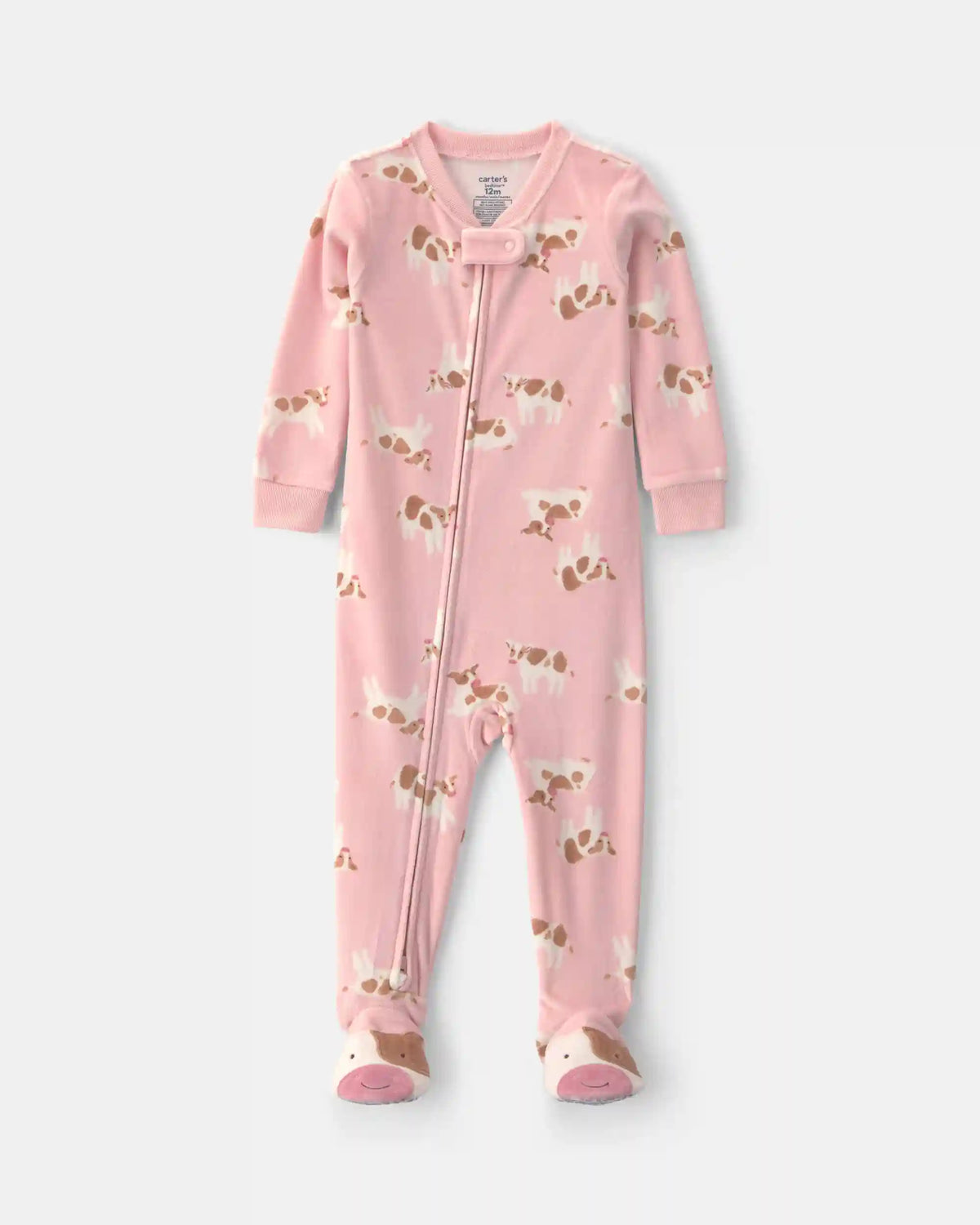 Baby Girl 1-Piece Cow 2-Way Zip DreamPlush Snug Fit Footed Pajama - Pink