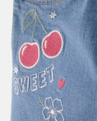 Girls Cherry Denim Embroidered Midi Shorts - Medium Wash