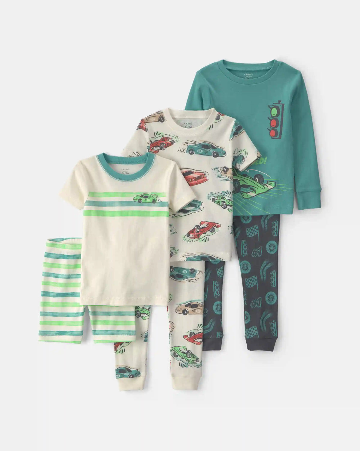 Toddler Boy Cars 100% Cotton 6-Piece Pajama Sets - Green/Cream