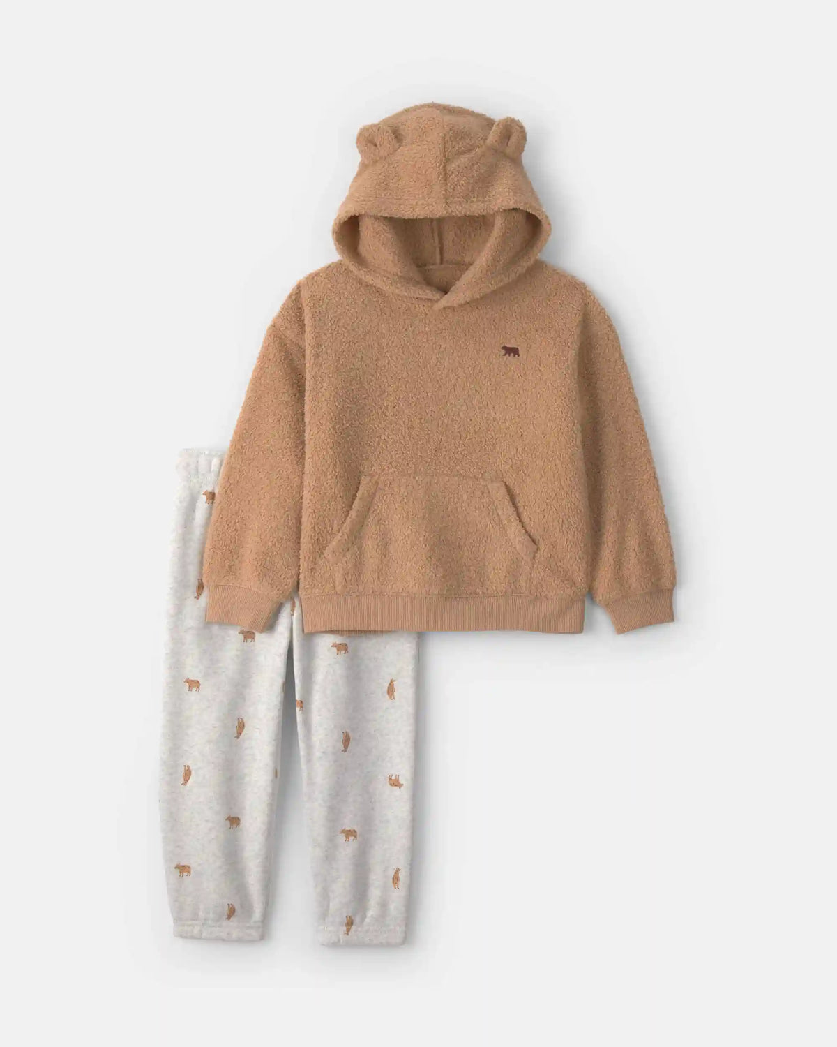 Toddler Boy 2-Piece Bear Fleece Hooded Top & Pant Set - Brown/Grey