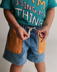Toddler Colorblock Long-Line Shorts in Denim