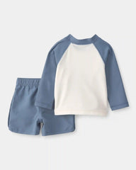 Baby Boy 3-Piece Palm Tree Long-Sleeve Rashguard Swimsuit Set - Blue/White