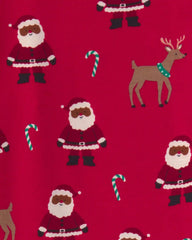 Kids 2-Piece Brown Santa Christmas 100% Cotton Snug Fit Pajama Set - Red