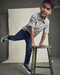 Boys Striped Polo Shirt - Grey/Navy Blue