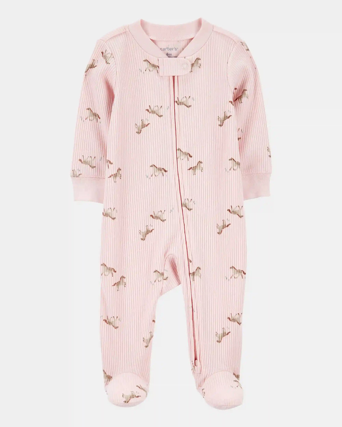 Baby Girl Horse Print 2-Way Zip Ribbed Sleep & Play Pajamas - Pink