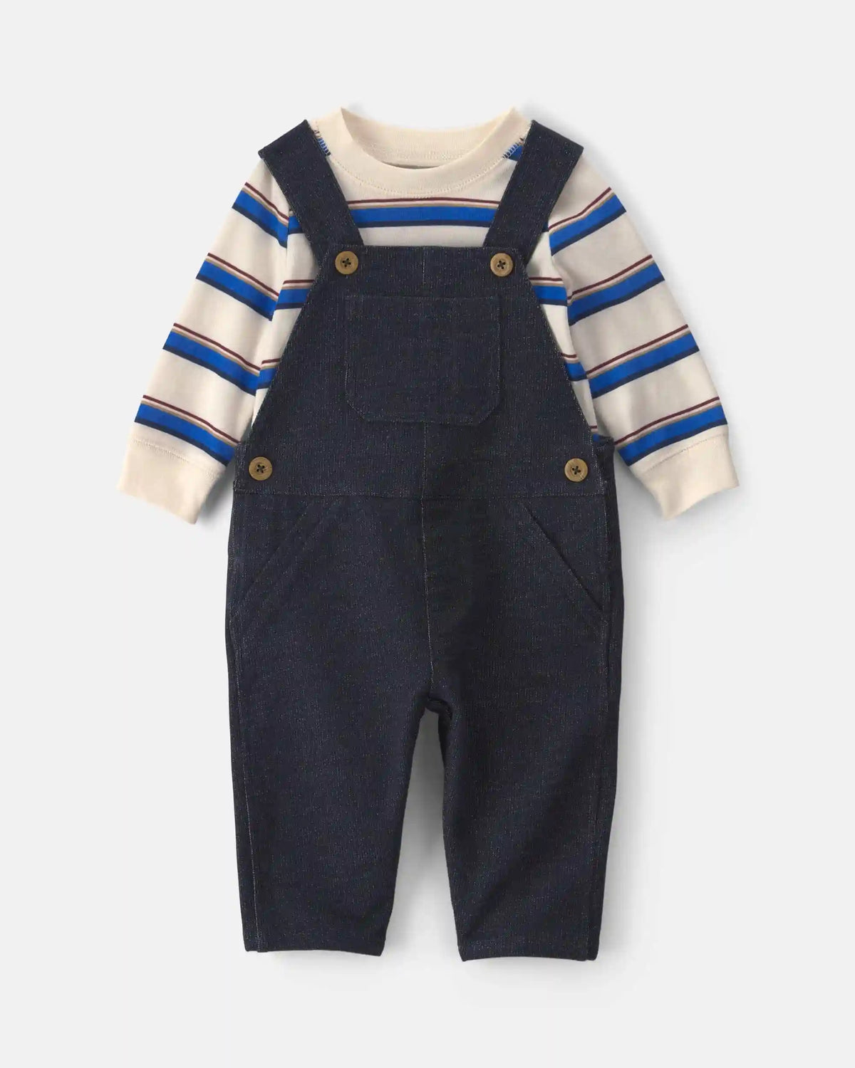 Baby Boy 2-Piece Striped French Terry Long-Sleeve Overall Set - Indigo/Cream