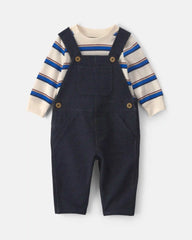 Baby Boy 2-Piece Striped French Terry Long-Sleeve Overall Set - Indigo/Cream