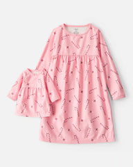 Girls 2-Piece Peppermints Long-Sleeve Loose Fit Night Gown & Matching Doll Gown - Pink