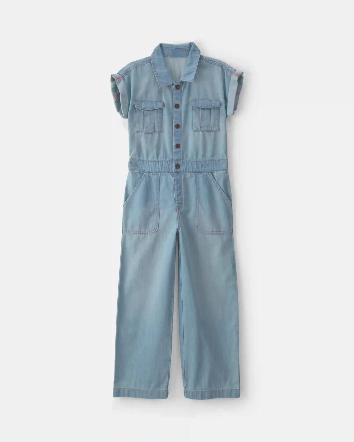Girls Denim Short-Sleeve Jumpsuit - Light Wash