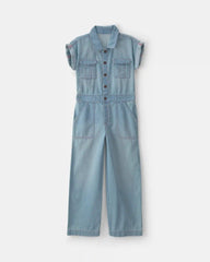 Girls Denim Short-Sleeve Jumpsuit - Light Wash