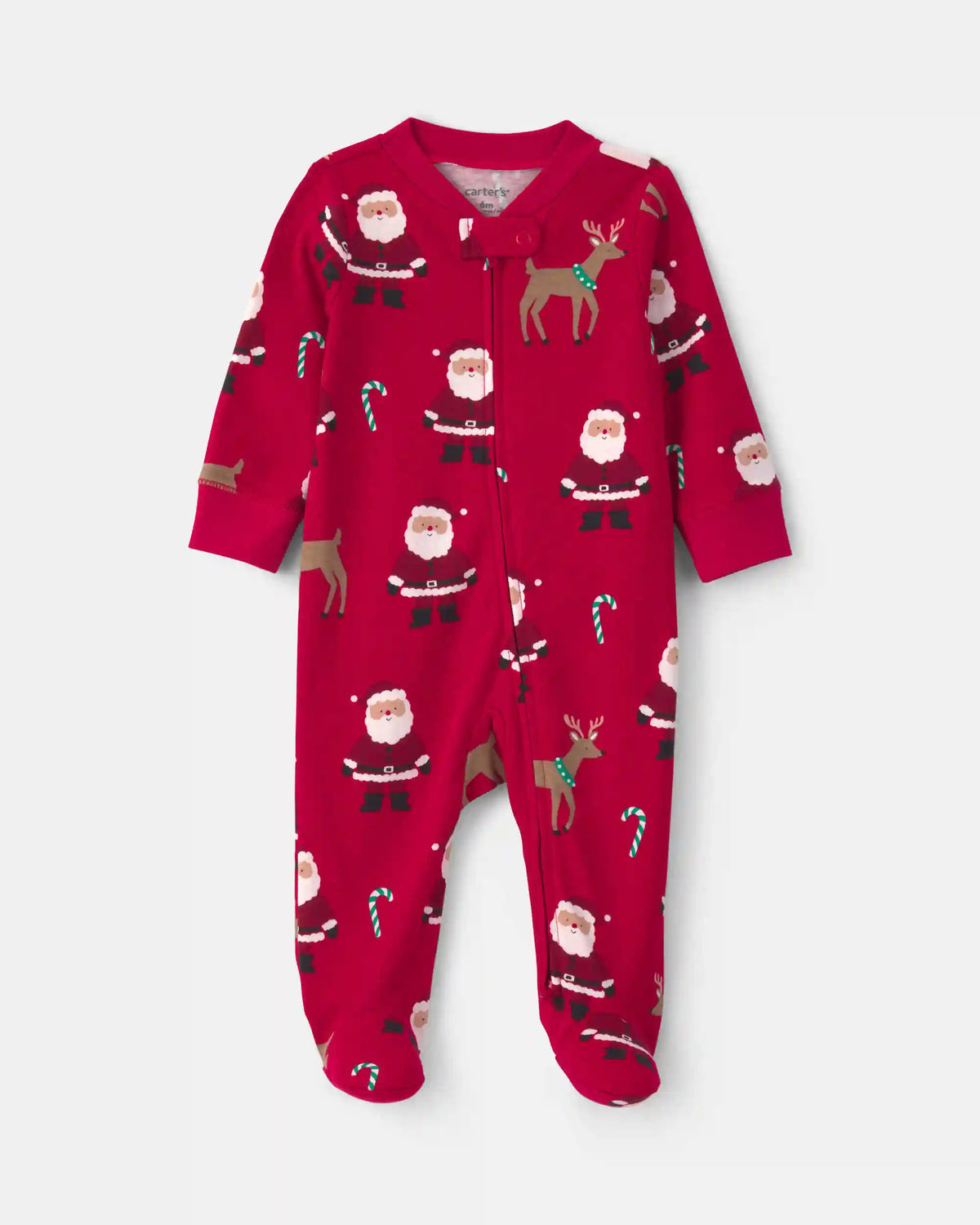 Baby Beige Santa Christmas 100% Cotton 2-Way Zip Sleep & Play Pajamas - Red
