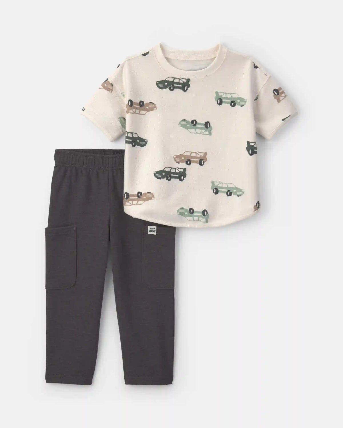 Toddler Boy 2-Piece Car French Terry Short-Sleeve Top & Pant Set - Cream/Grey