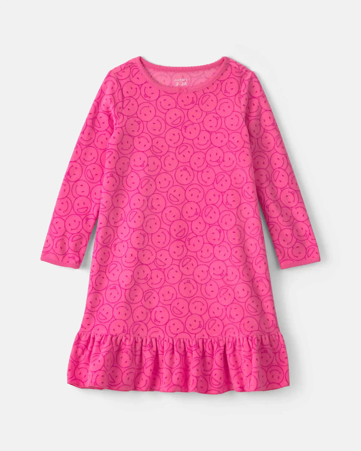Girls Smiley Face Fleece Loose Fit Night Gown - Pink