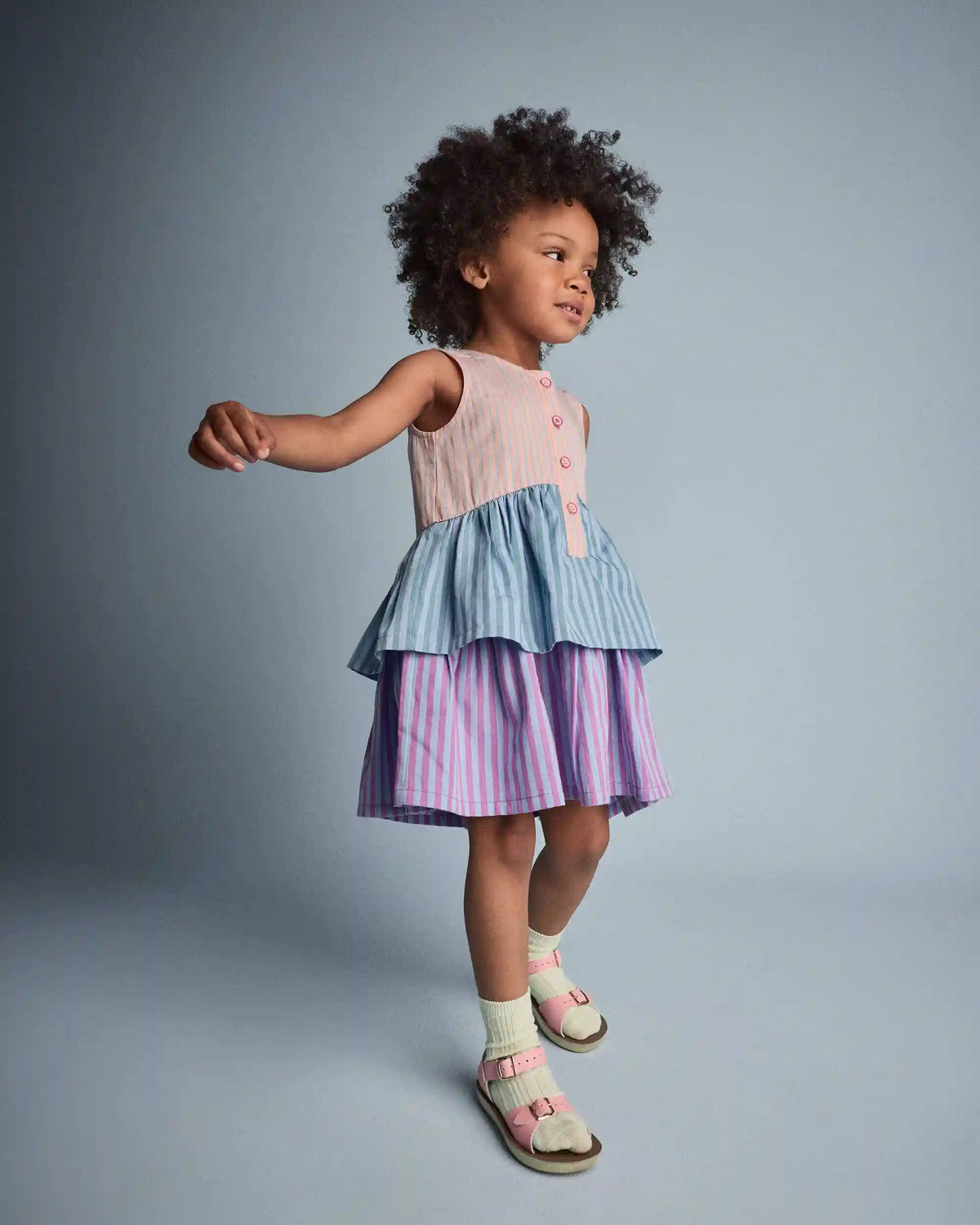 Toddler Girl Tiered Drop-Waist Dress in Stripes - Blue/Purple