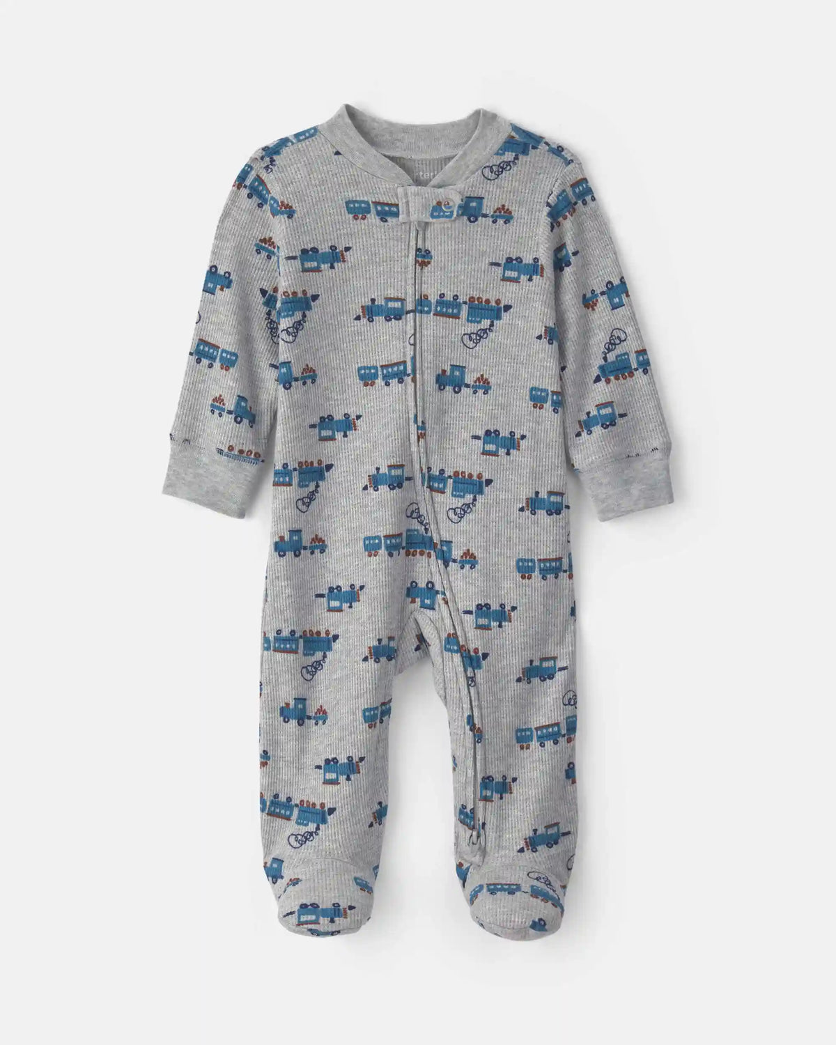 Baby Boy Train Cotton 2-Way Zip Thermal Sleep & Play Pajamas - Grey