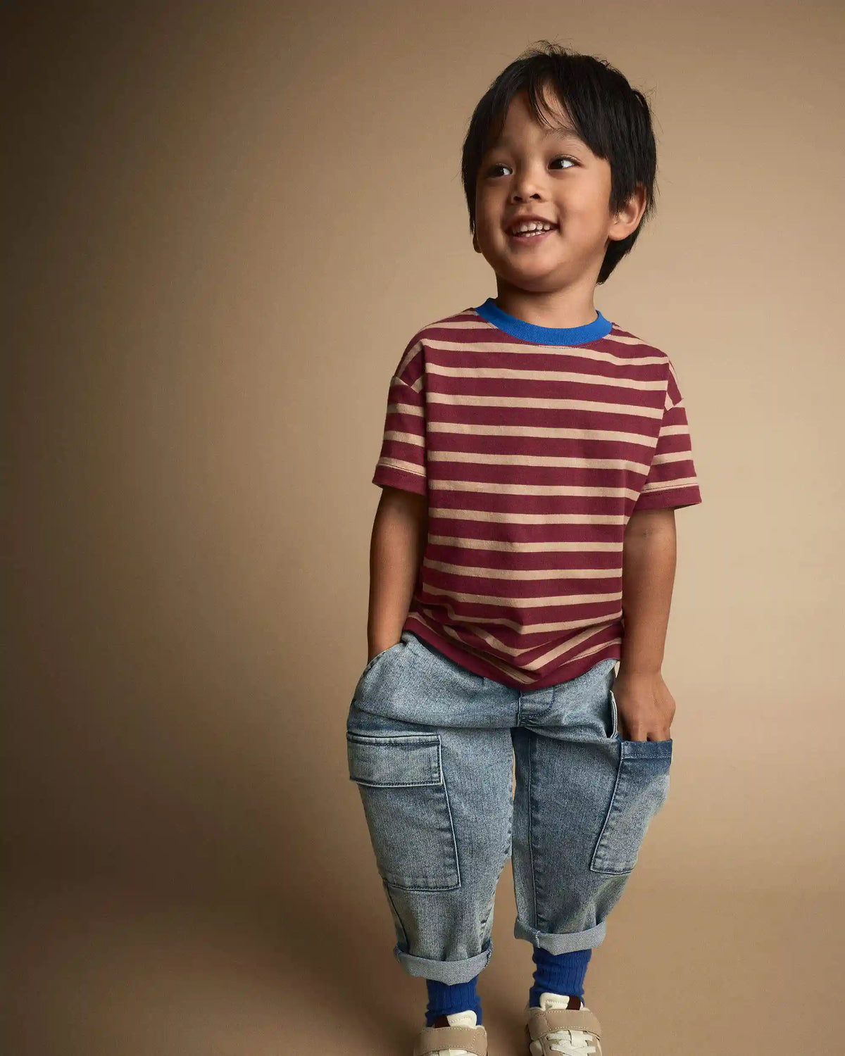 Toddler Boy Relaxed Tee in Stripes - Burgundy/Royal Blue