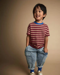 Toddler Boy Relaxed Tee in Stripes - Burgundy/Royal Blue