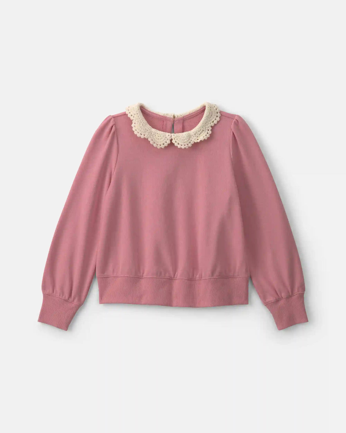 Girls Floral Collar French Terry Pullover Sweatshirt - Pink
