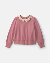Girls Floral Collar French Terry Pullover Sweatshirt - Pink