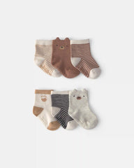 Baby Boy 6-Pack Bear Striped No Show Socks - Brown/Cream