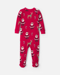 Baby 1-Piece Brown Santa Christmas 2-Way Zip 100% Cotton Snug Fit Footed Pajama - Red