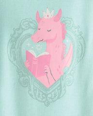 Toddler Girl Fairy Tale Dragon 100% Cotton Short-Sleeve Snug Fit 4-Piece Pajama Set - Blue/Ivory