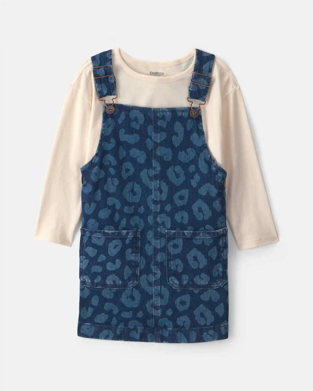 Toddler Girl 2-Piece Leopard Long-Sleeve Overall Set - Dark Wash