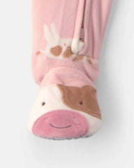 Baby Girl 1-Piece Cow 2-Way Zip DreamPlush Snug Fit Footed Pajama - Pink