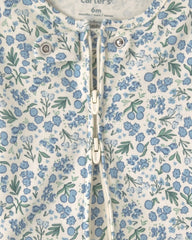 Baby Girl Floral 100% Cotton 2-Way Zip Sleep & Play Pajamas - Blue/Ivory