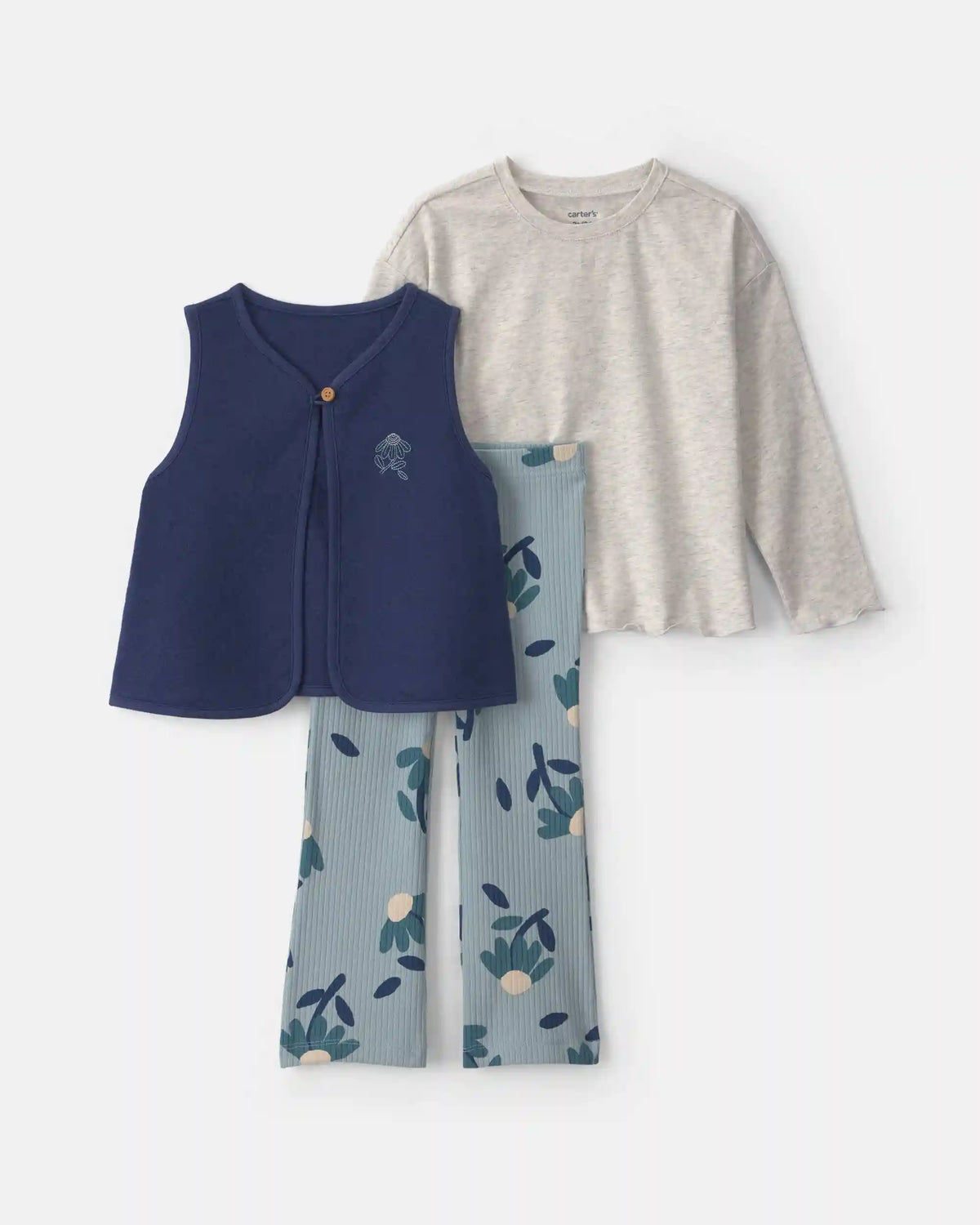 Toddler Girl 3-Piece Floral Long-Sleeve Layering Set - Blue/Grey