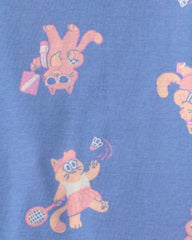 Toddler Girl Cat 100% Cotton Short-Sleeve Snug Fit 4-Piece Pajama Set - Purple/Blue