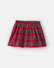 Toddler Girl 2-Piece Bow Plaid Fleece Long-Sleeve Top & Skort Set - Cream/Red