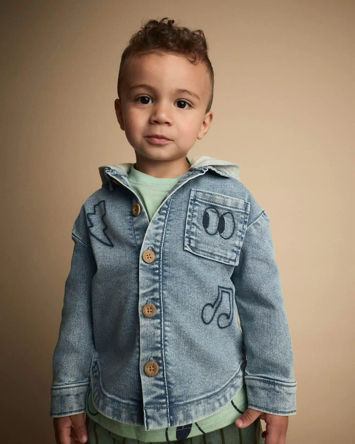 Toddler Denim Hooded Jacket in Avenue Wash - Blue/Heather Grey