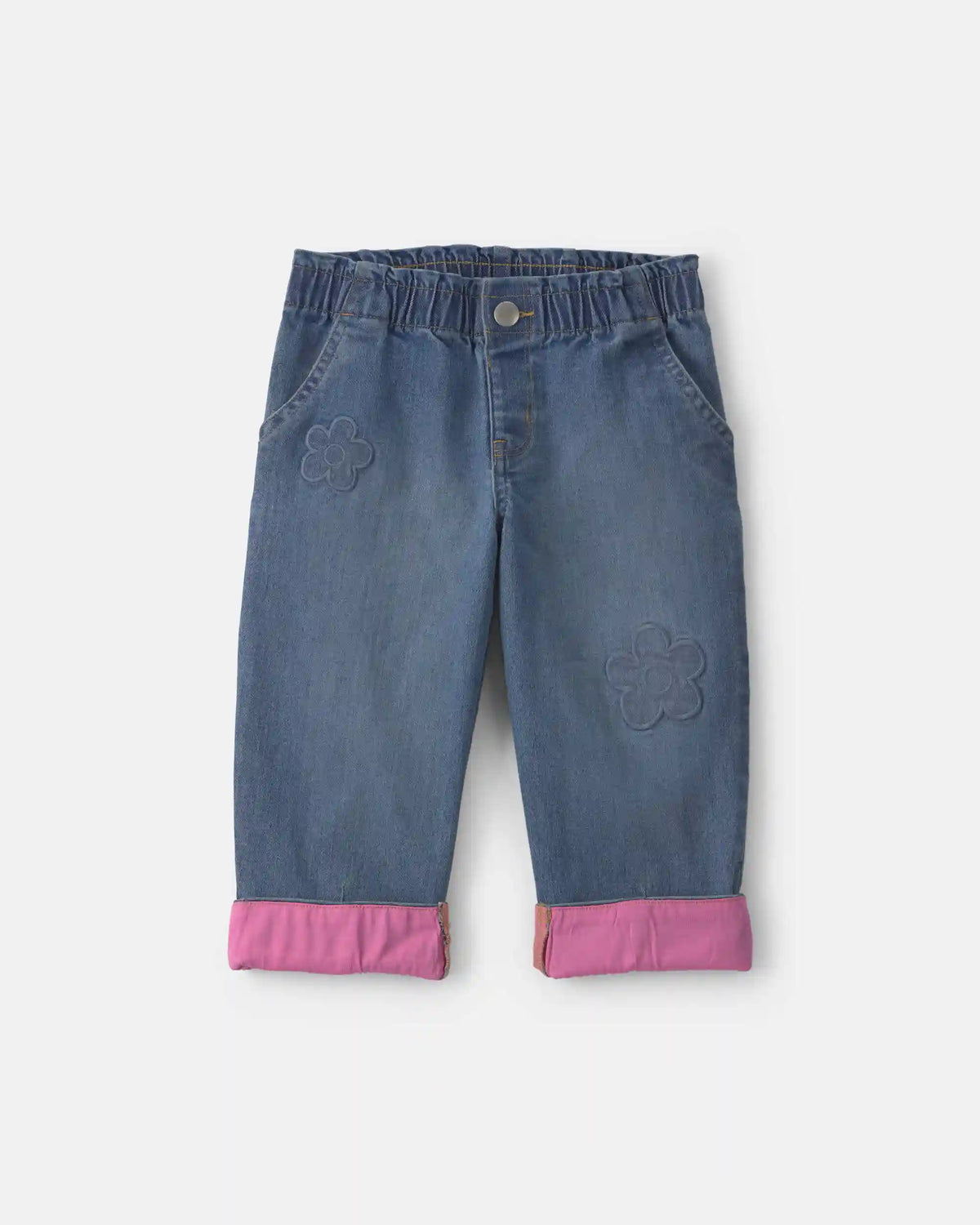 Toddler Girl Acid Wash Denim Baggy Flower Jeans - Blue/Pink