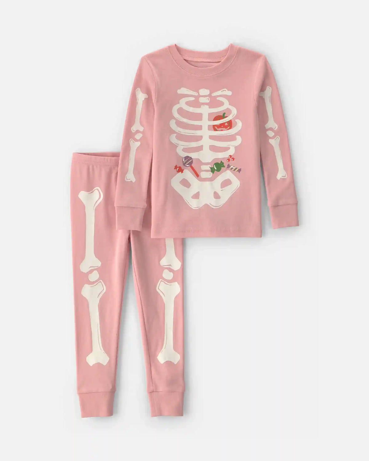 Toddler Girl 2-Piece Halloween Glow in the Dark Skeleton 100% Cotton Snug Fit Pajama Set - Pink