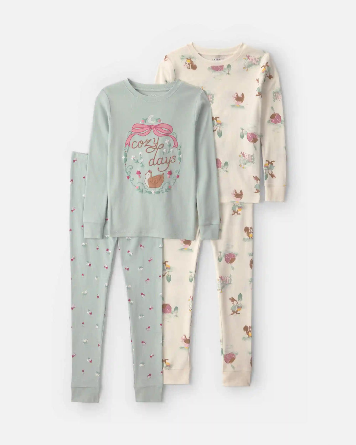 Girls 4-Piece Country Chicken 100% Cotton Snug Fit Pajama Set - Blue/Cream